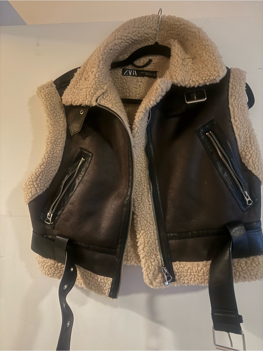 Zara Black Faux Leather Shearling Vest with Cream Trim- XS